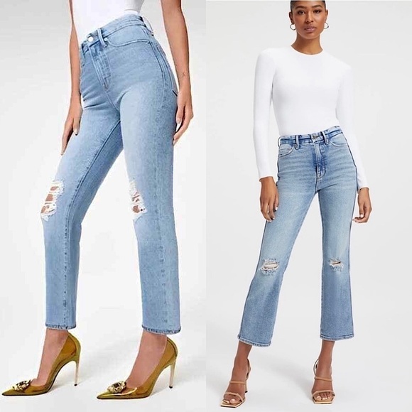 NWT GOOD AMERICAN 90s High Rise Distress Denim Rip Knee Bootcut Jean 2 - Picture 1 of 6